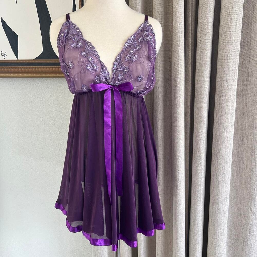 Purple Lace Babydoll Slip Dress Floral Y2K Sheer Fairycore Babydoll Chemise